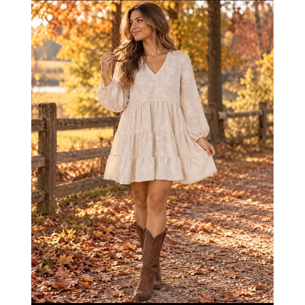 JOIE Cream Textured Floral Jacquard Tiered Mini Dress Long Sleeve V-Neck Boho